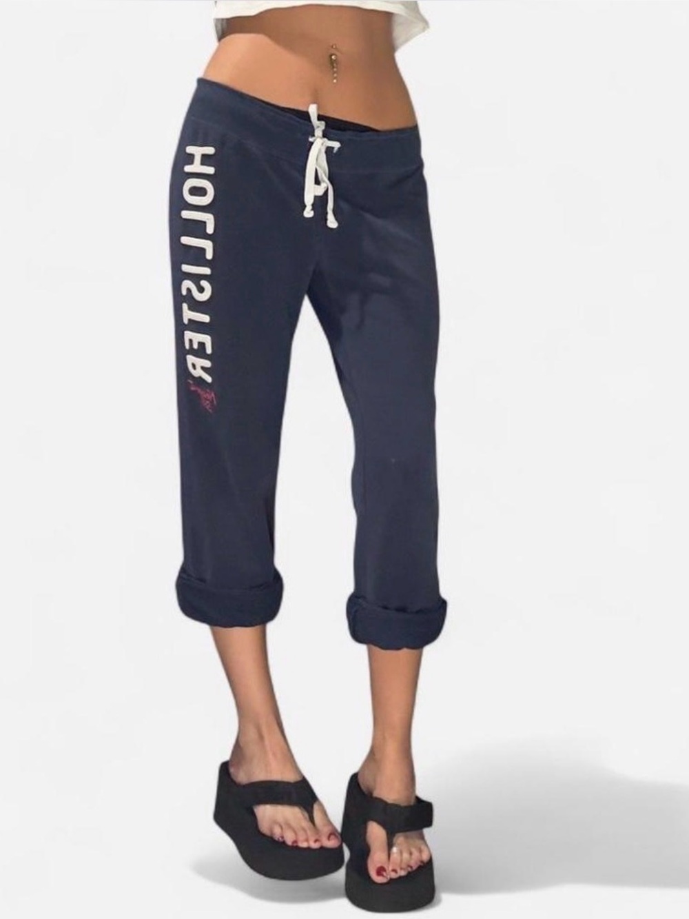 Y2K Hollister Navy Logo Cropped Sweatpants with Drawstring